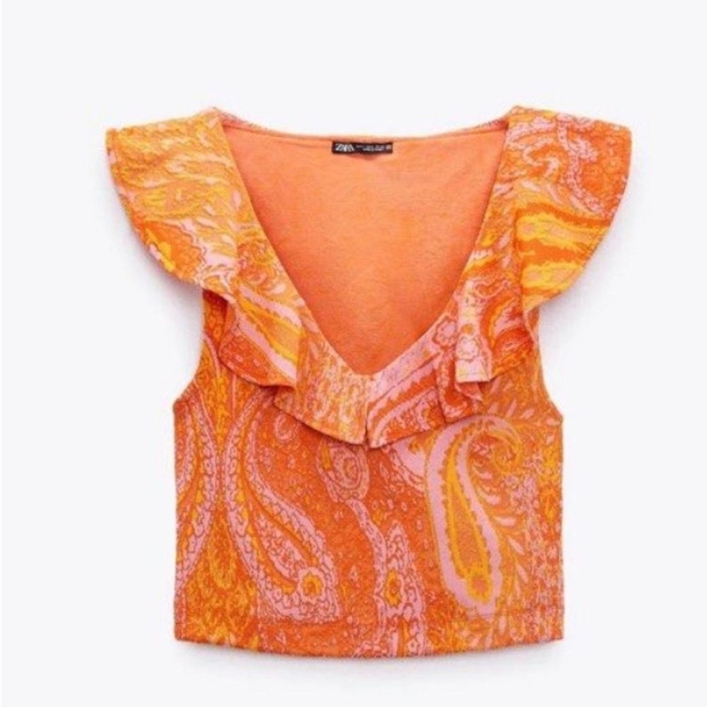 Zara Womens Orange Pink Paisley Jacquard Ruffle V-Neck Crop Top Size Small